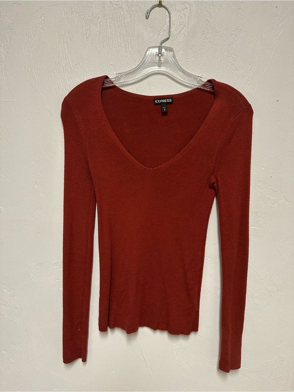 Express Women's Rust Red V-Neck Long Sleeve Top